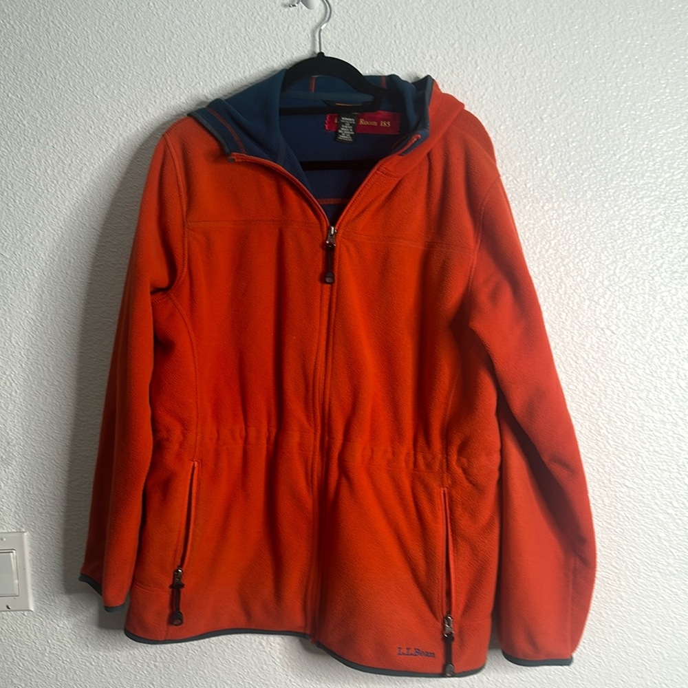 L LBean polartec orange blue hooded zip up lightweight fleece jacket sz L soft …